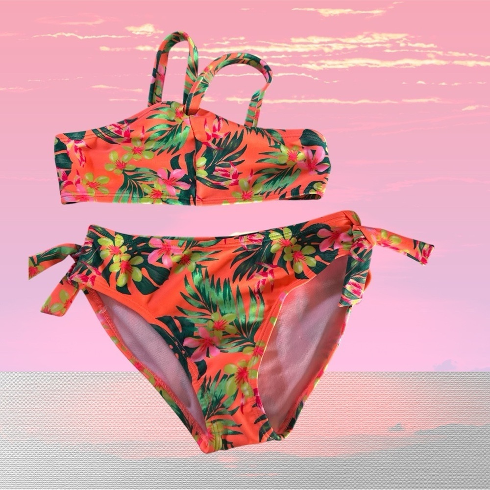 Art class Girls Tropical Orange Floral Bikini Set. Size Sm 6/7